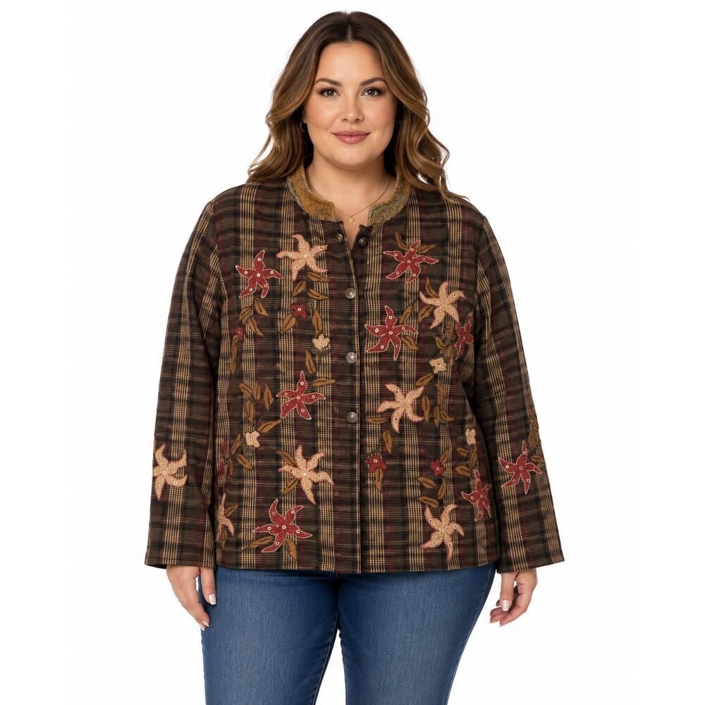 1990s Alex Kim Embroidered Plaid Jacket Women’s Plus Size 1X